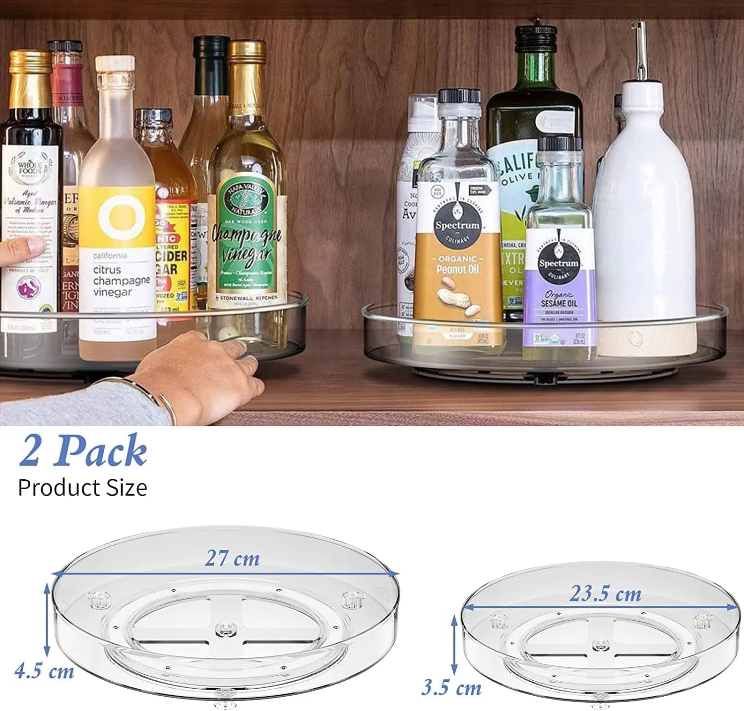 2 Pack Lazy Susan Turntable Cupboard Organizer (27+23,5Cm), Rotatable Spice Rack Fridge, Clear Cupboard Condiment Spinning Tray, Multi-Functional Spice Rack for Kitchen Storage
